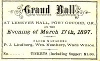 Building Port Orford Leneve s Hall Grand Ball Ticket 1897 03 27